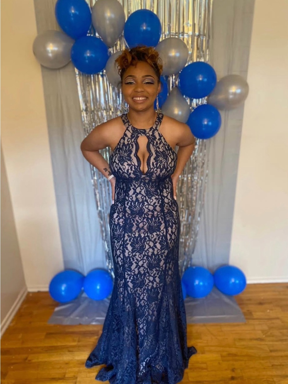 Navy Lace Halter Prom Dress with Nude Underlay